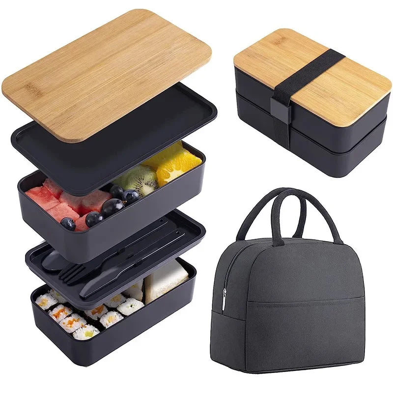 Leakproof 2-Layer Meal Prep Bento Box – 40oz Food Container with Utensils & Strap - BLACK SET