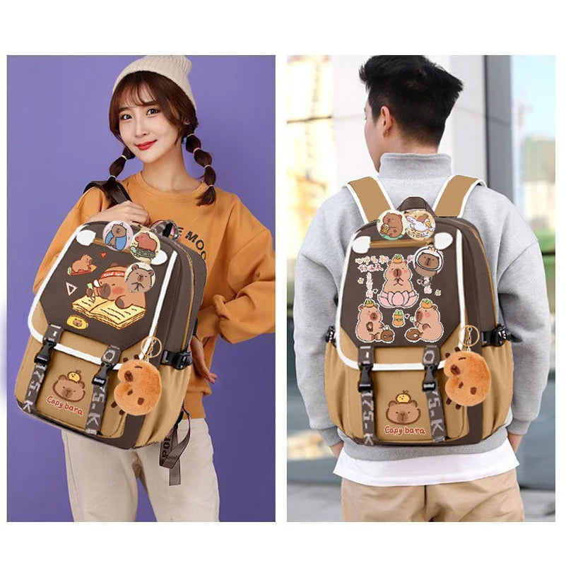 Kawaii Capybara Stylish Khaki School Backpack - Product Photo 6