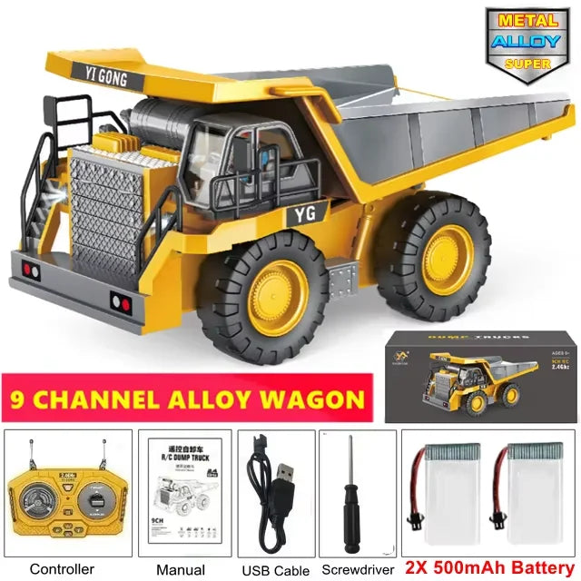 1:20 10-Channel RC Construction Vehicle – Heavy Duty Alloy Excavator / Dump Truck / Bulldozer Toy with Realistic LED Lights - Dump 2Battery