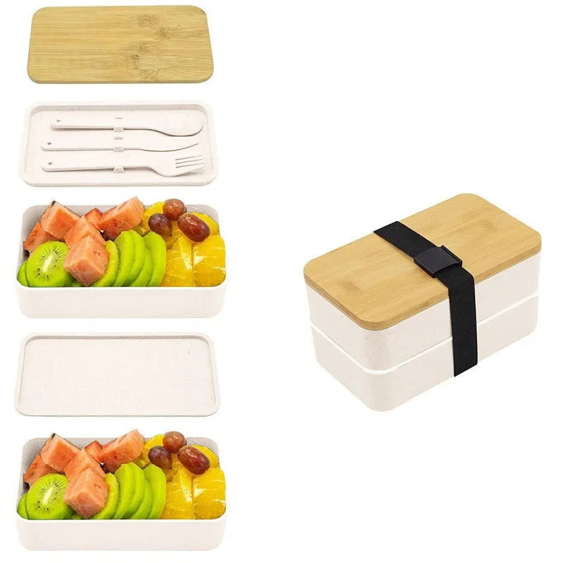 Leakproof 2-Layer Meal Prep Bento Box – 40oz Food Container with Utensils & Strap - White