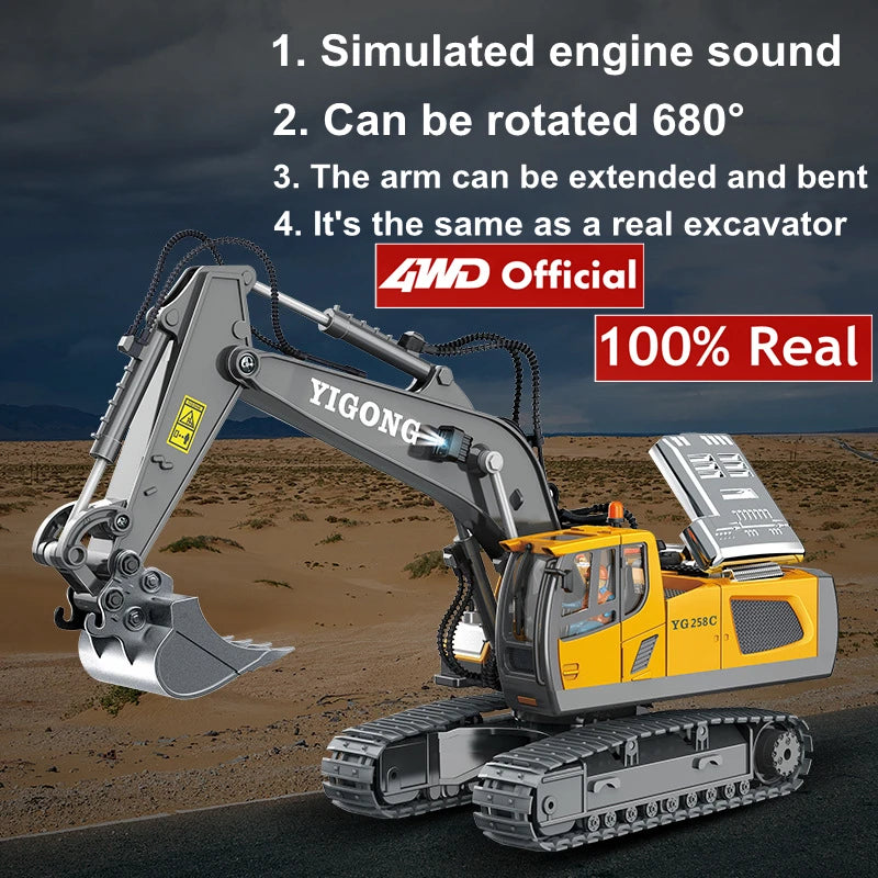 1:20 10-Channel RC Construction Vehicle – Heavy Duty Alloy Excavator / Dump Truck / Bulldozer Toy with Realistic LED Lights - Product Photo 3