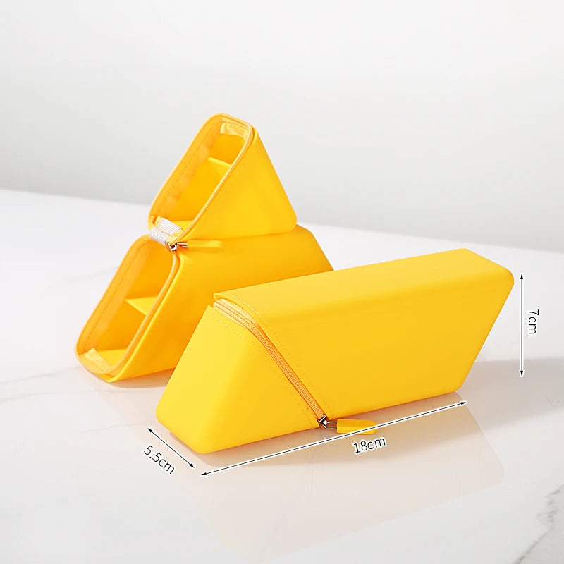 Large Capacity Triangular Silicone Pencil Bag – Standing Pen Holder for School & Desk - Yellow