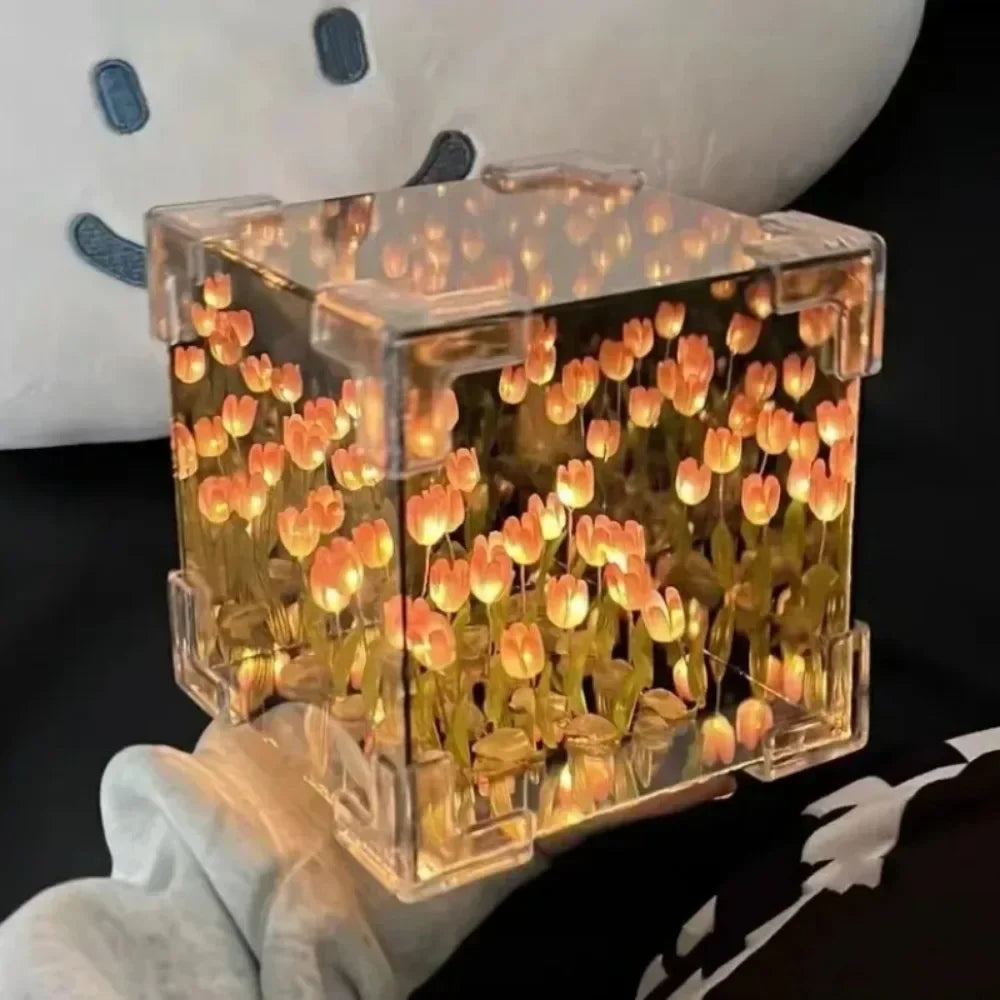 Creative DIY Tulip Flower Sea Cube Night Light Kit – Three-Dimensional Glass Mirror Lamp for Girlfriend & Couple Gifts - pink