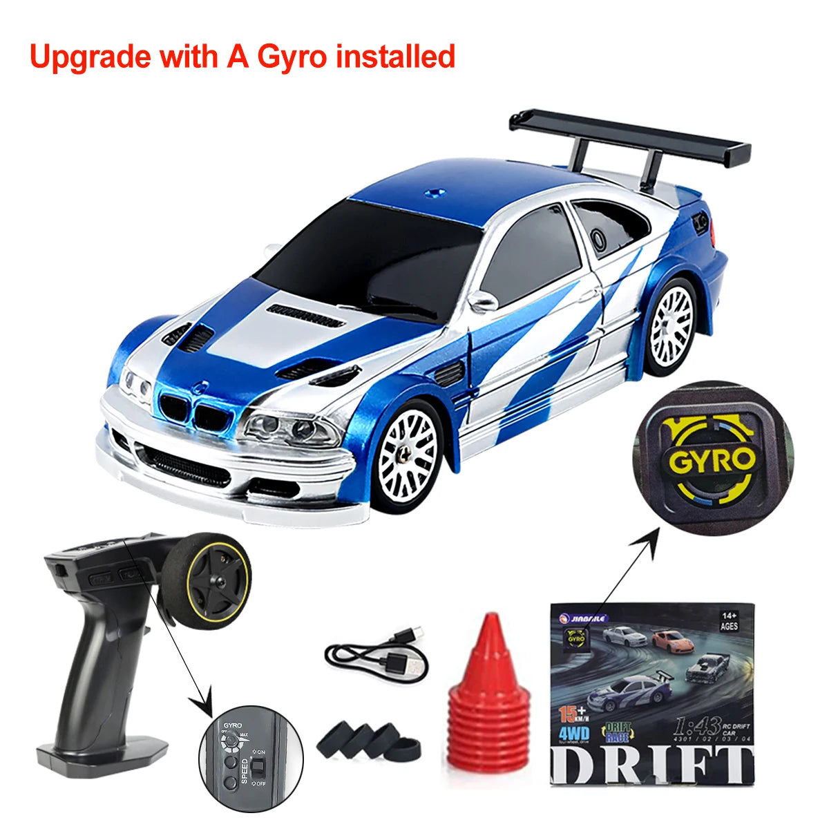 JIKEFUN 1/43 4WD Mini RC Drift Racing Car – Upgraded Gyro Assist, 2.4G High-Speed Radio Control RTR Vehicle with Rechargeable Battery - 4302 with gyro