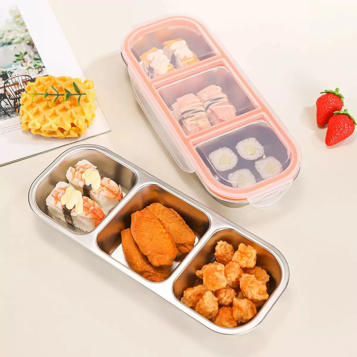 Stainless Steel Bento Box for Weight Loss Meals – Leak-Proof 3-Grid Fruit & Light Meal Container - Product Photo 3
