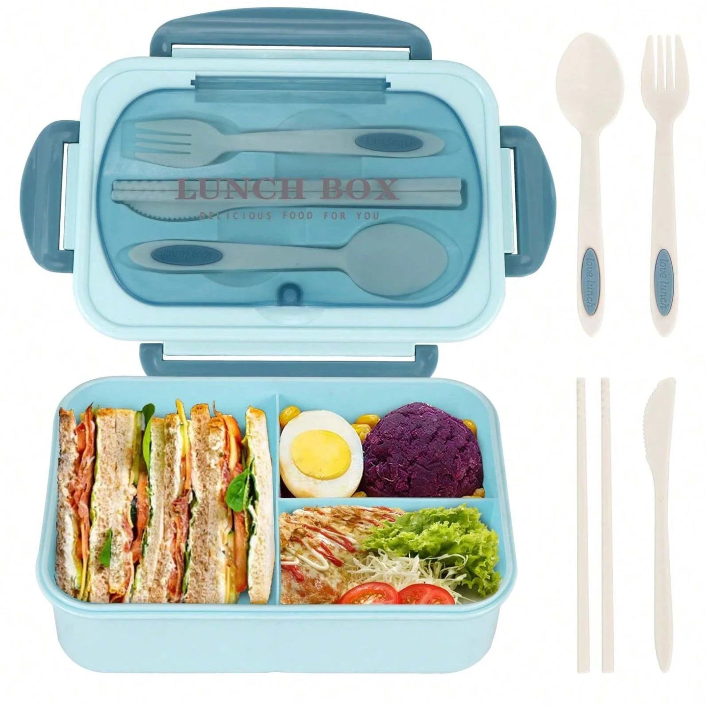Adult Bento Box with 3 Compartments Lunch Container for Men Women Portable Lunchable Food Storage Back To School Microwave Safe - Blue - Three-compartment - China Mainland|1200ml