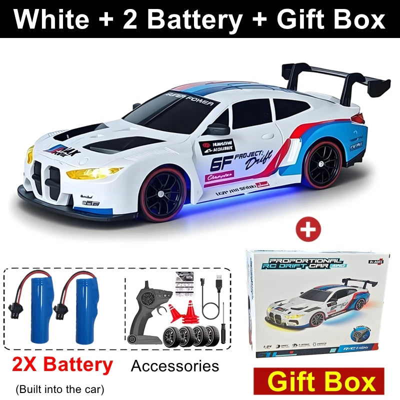 1:24 Scale 4WD RC Drift Car Model 933 – 20KM/H High Speed 2.4G 4x4 Remote Control Racer with Rechargeable Lithium Battery - White 2B Gift Box
