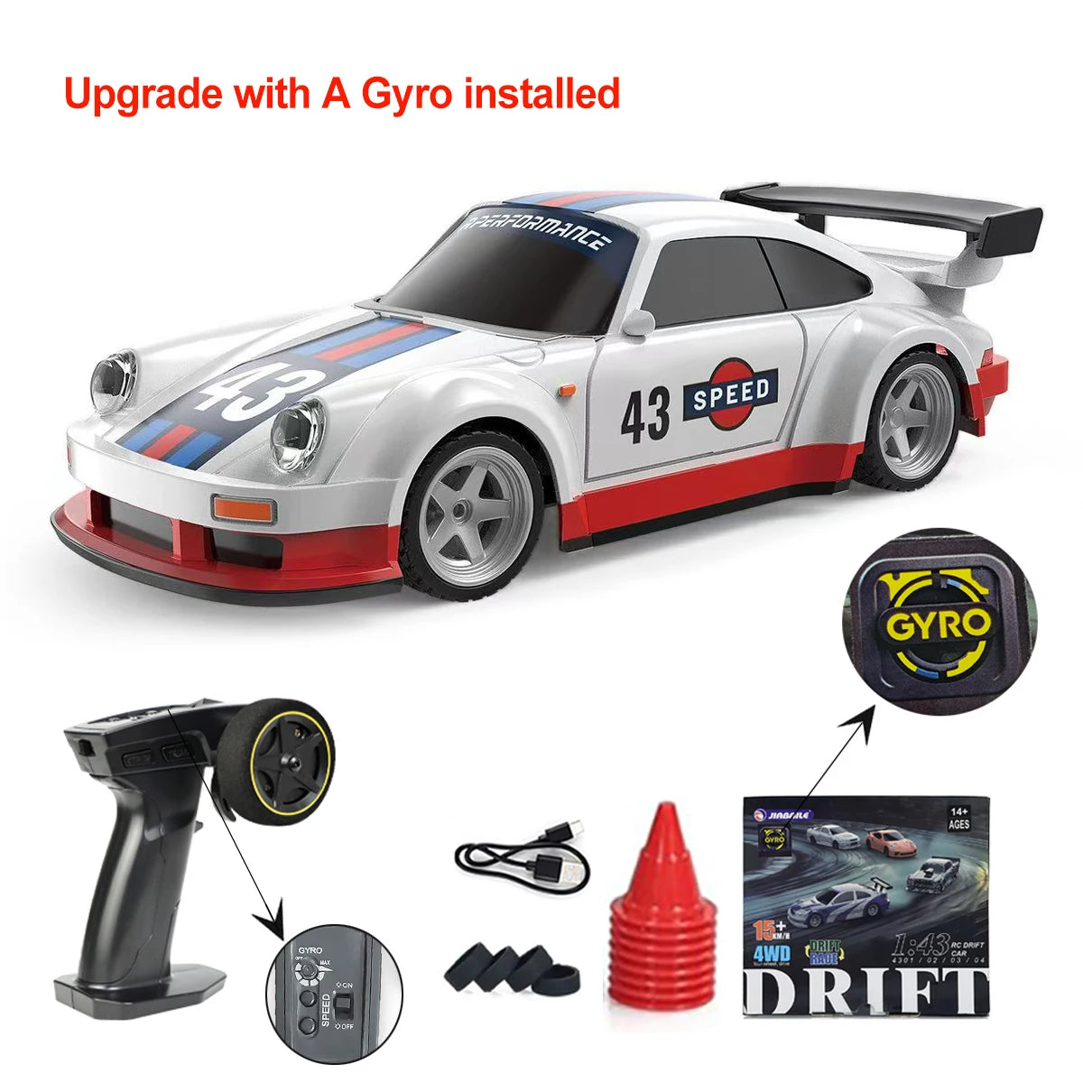 JIKEFUN 1/43 4WD Mini RC Drift Racing Car – Upgraded Gyro Assist, 2.4G High-Speed Radio Control RTR Vehicle with Rechargeable Battery - 4305 with gyro