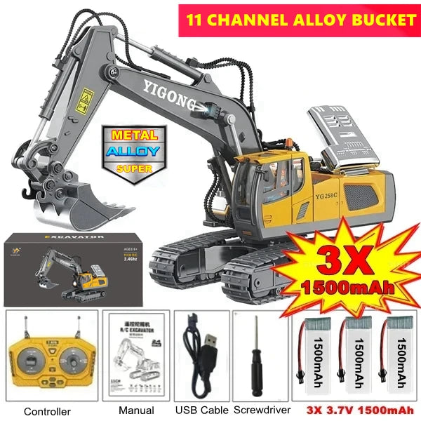 1:20 10-Channel RC Construction Vehicle – Heavy Duty Alloy Excavator / Dump Truck / Bulldozer Toy with Realistic LED Lights - Excavator 3Battery