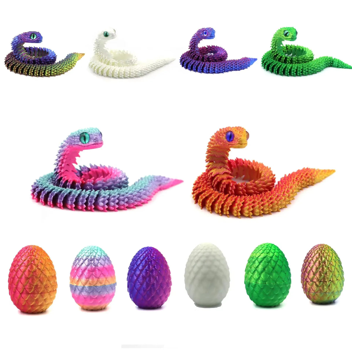 3D Printed Articulated Snake & Dragon Egg Action Figure – Flexible Plastic Fidget Toy & Desk Ornament for Home Office Decor & Gifts - Product Photo 1