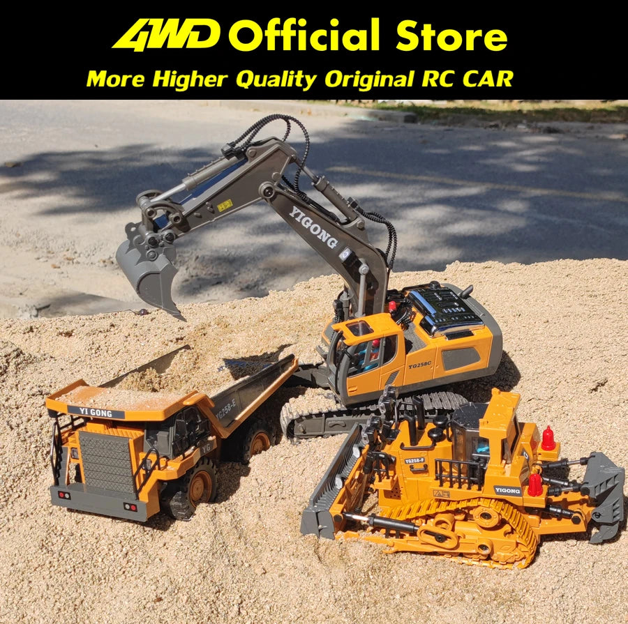 1:20 10-Channel RC Construction Vehicle – Heavy Duty Alloy Excavator / Dump Truck / Bulldozer Toy with Realistic LED Lights - Product Photo 2
