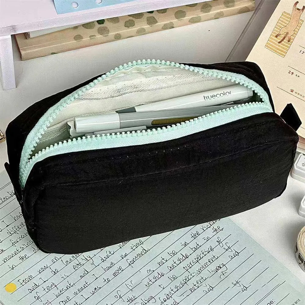 Solid Color Portable Zippered Pencil Bag - Black