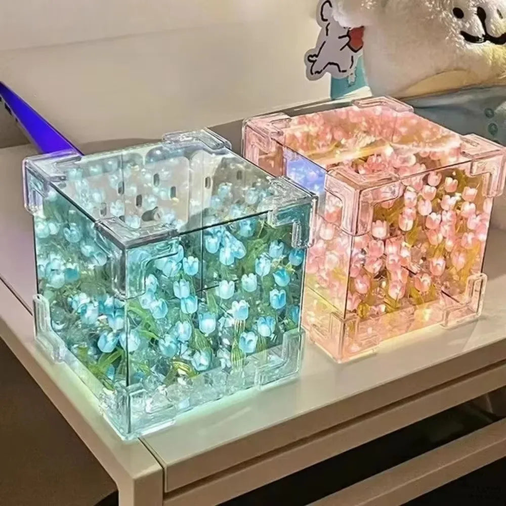 Creative DIY Tulip Flower Sea Cube Night Light Kit – Three-Dimensional Glass Mirror Lamp for Girlfriend & Couple Gifts - Product Photo 6