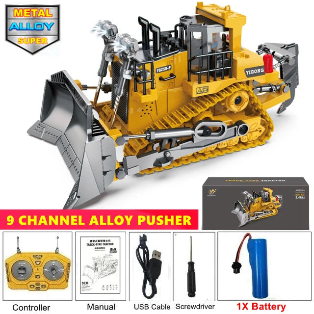 1:20 10-Channel RC Construction Vehicle – Heavy Duty Alloy Excavator / Dump Truck / Bulldozer Toy with Realistic LED Lights - Bulldozer 1Battery