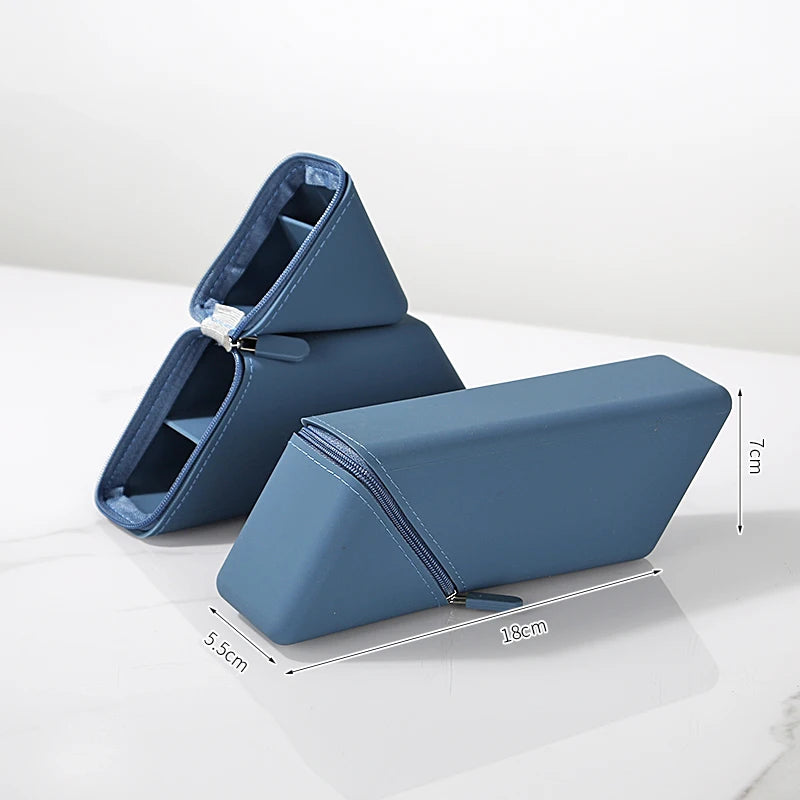 Large Capacity Triangular Silicone Pencil Bag – Standing Pen Holder for School & Desk - Blue