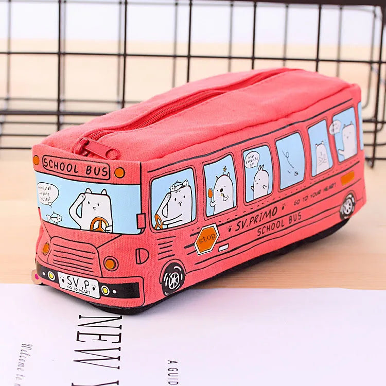 Large Capacity Cartoon Bus Pencil Case - Red