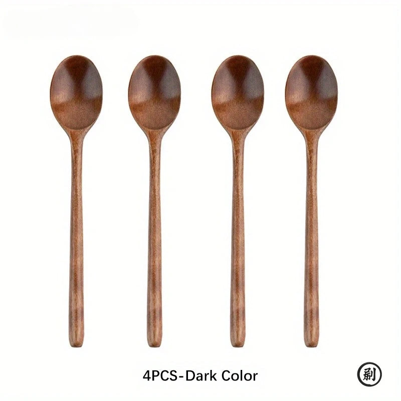 4-Piece Natural Wooden Spoon Set (23.5cm) – Korean Style Wood Tableware for Soup, Honey, Tea & Coffee - 4PCS-Dark Color