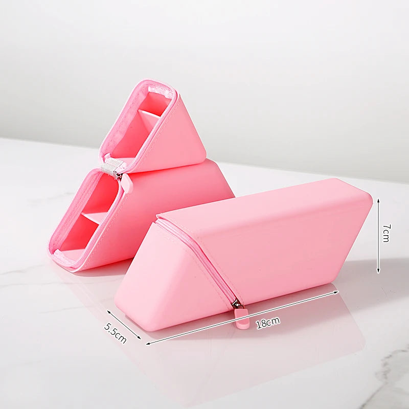 Large Capacity Triangular Silicone Pencil Bag – Standing Pen Holder for School & Desk - Pink