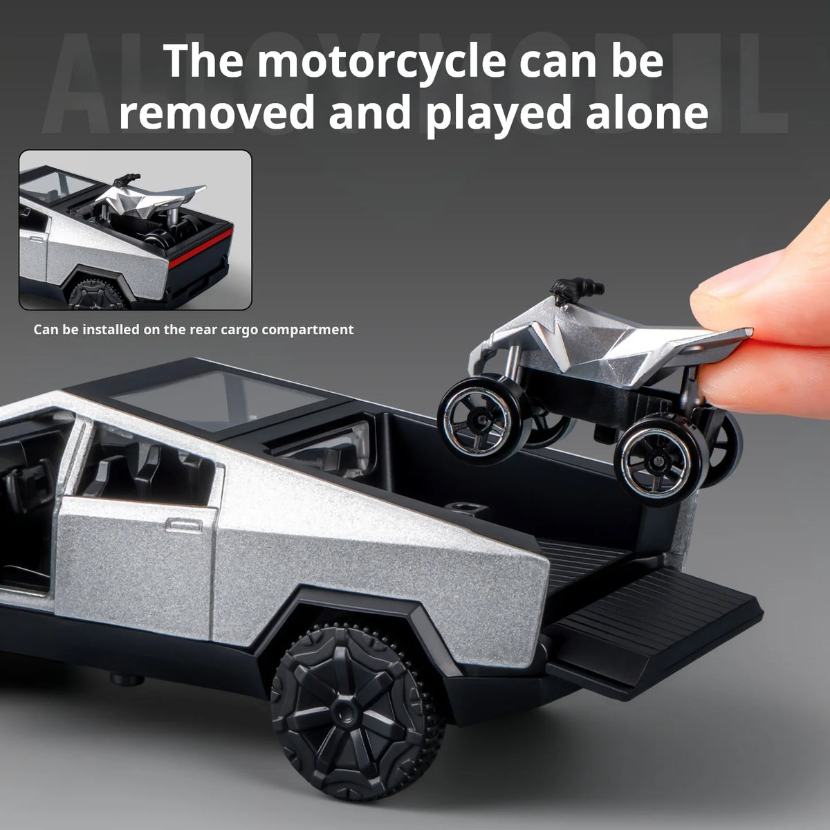 MAKEDA 1:36 Scale Cybertruck Off-Road Alloy Model – Futuristic Diecast Pickup Truck with Mini Beach Motorcycle for Display & Gifts - Product Photo 5