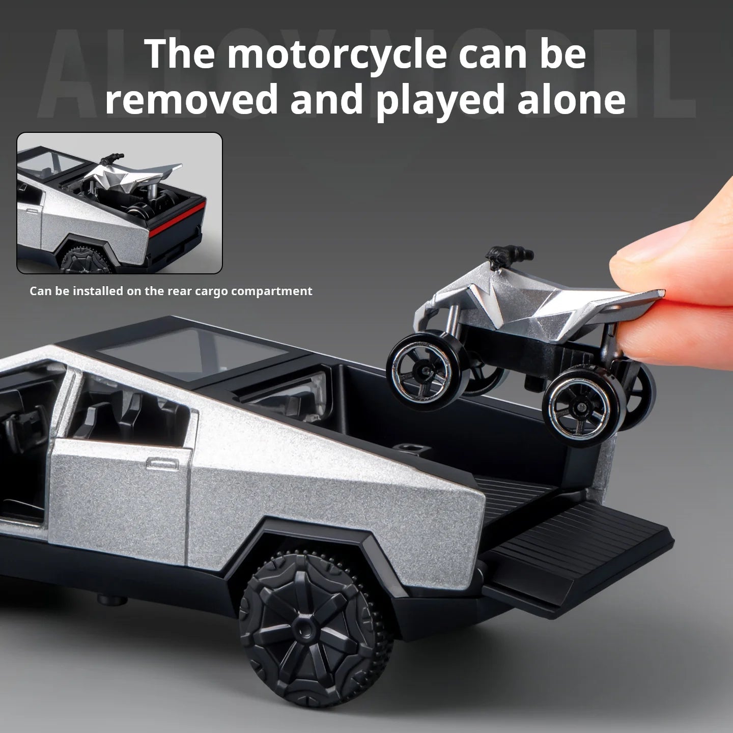 MAKEDA 1:36 Scale Cybertruck Off-Road Alloy Model – Futuristic Diecast Pickup Truck with Mini Beach Motorcycle for Display & Gifts - Product Photo 5