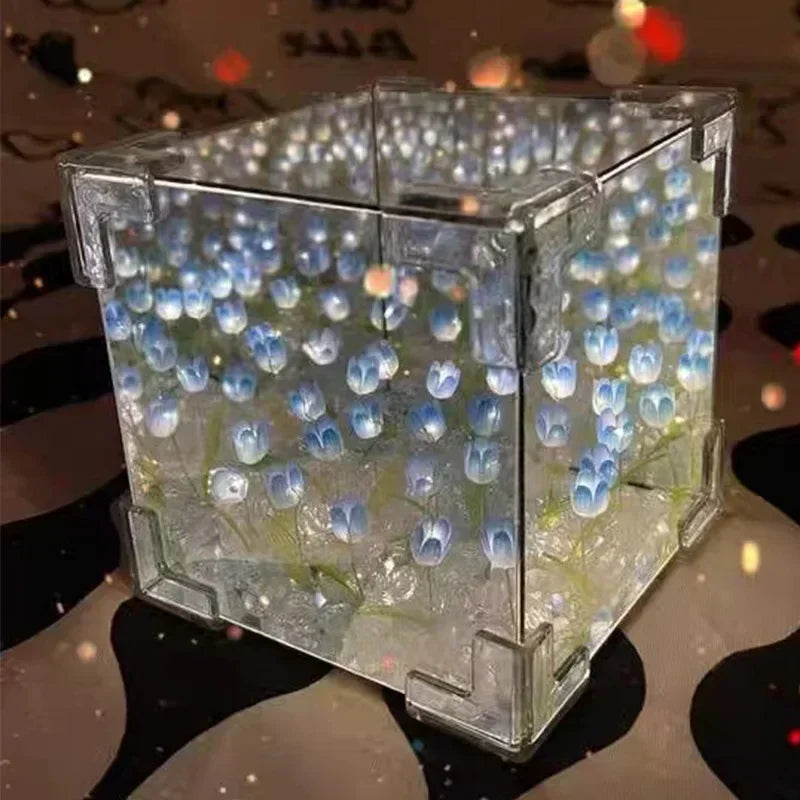 Creative DIY Tulip Flower Sea Cube Night Light Kit – Three-Dimensional Glass Mirror Lamp for Girlfriend & Couple Gifts - blue