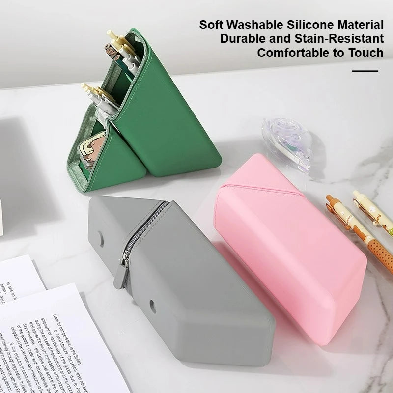 Large Capacity Triangular Silicone Pencil Bag – Standing Pen Holder for School & Desk - Product Photo 5