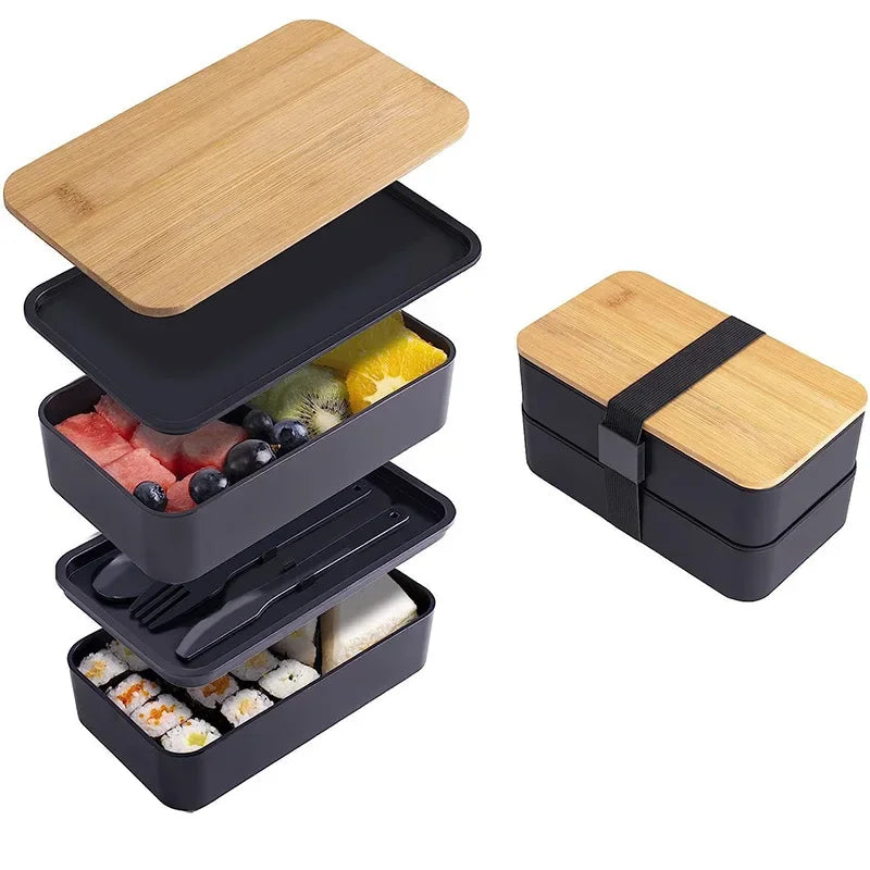 Leakproof 2-Layer Meal Prep Bento Box – 40oz Food Container with Utensils & Strap - BLACK