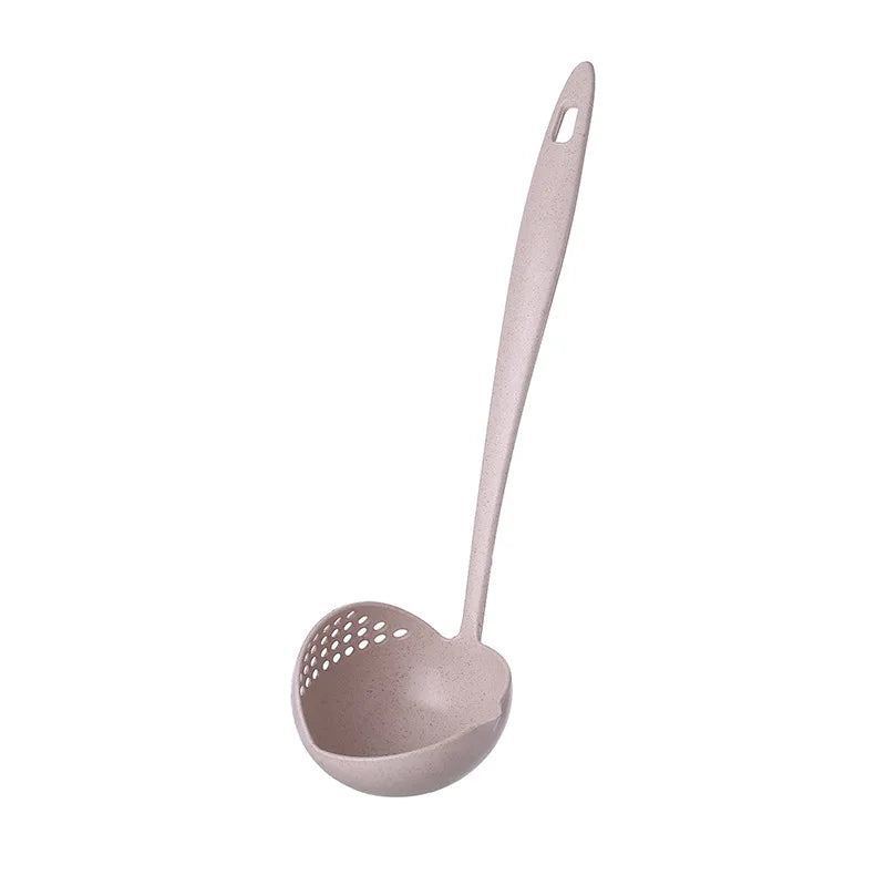 Eco-Friendly 2-in-1 Soup Spoon & Filter Strainer – Wheat Straw Long Handle Kitchen Ladle for Soup & Hotpot - Beige