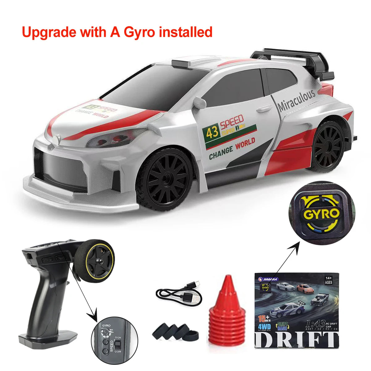 JIKEFUN 1/43 4WD Mini RC Drift Racing Car – Upgraded Gyro Assist, 2.4G High-Speed Radio Control RTR Vehicle with Rechargeable Battery - 4308 with gyro