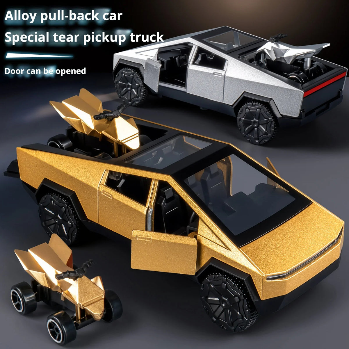 MAKEDA 1:36 Scale Cybertruck Off-Road Alloy Model – Futuristic Diecast Pickup Truck with Mini Beach Motorcycle for Display & Gifts - Product Photo 2