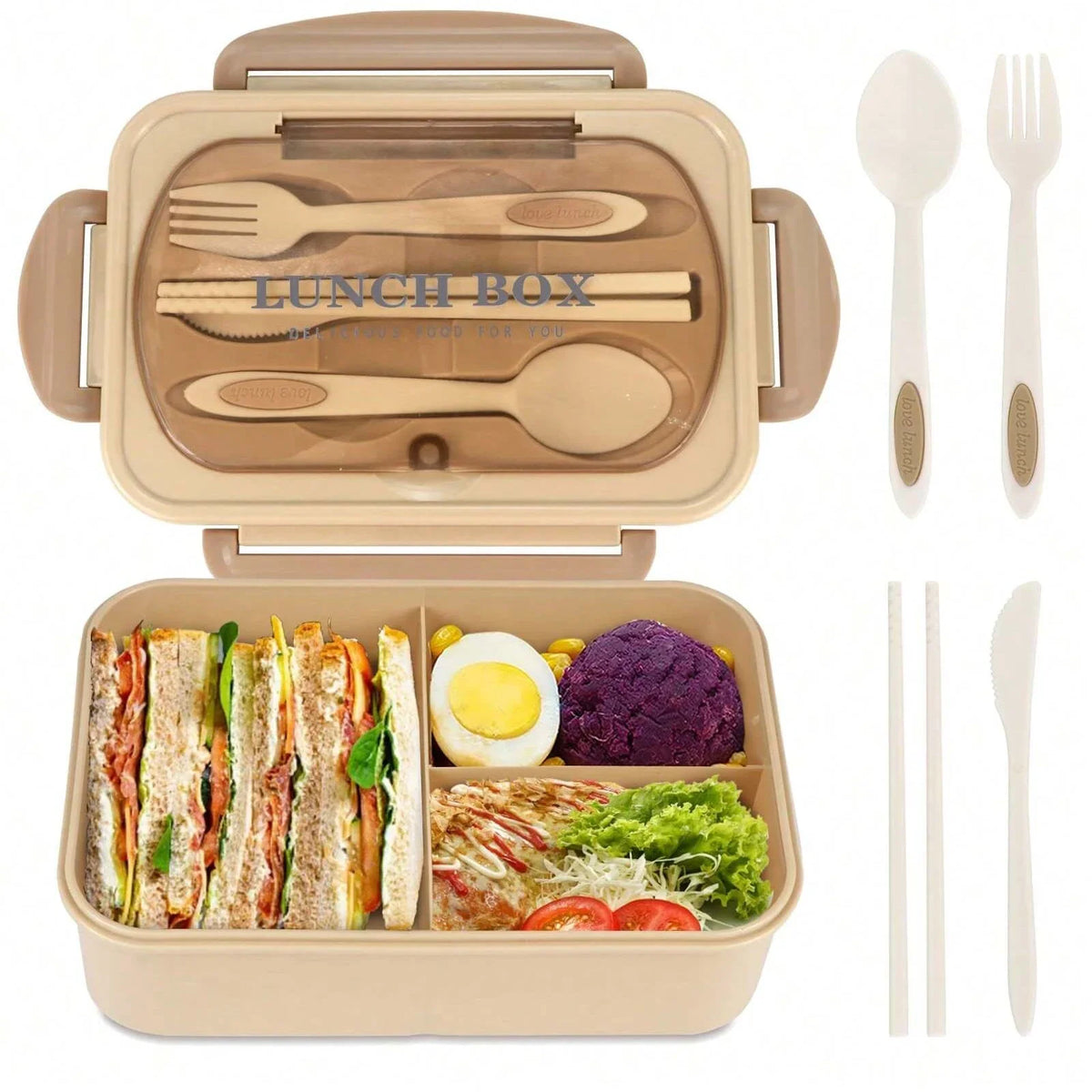 Adult Bento Box with 3 Compartments Lunch Container for Men Women Portable Lunchable Food Storage Back To School Microwave Safe - khaki - Three-compartment - China Mainland|1200ml