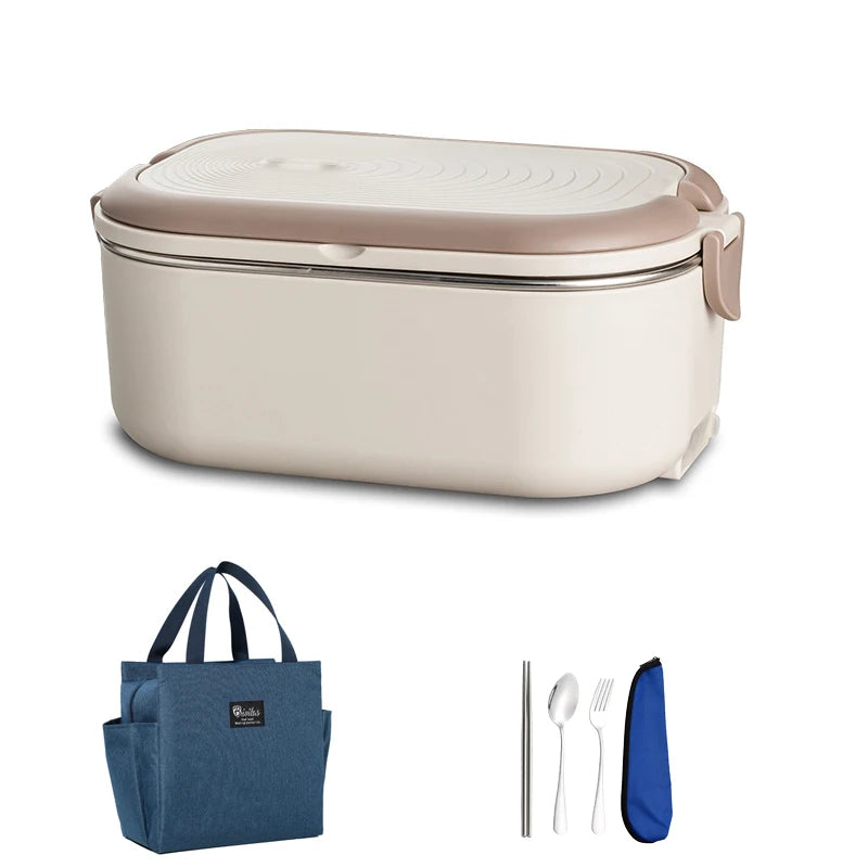 18W Electric Food Heating Lunch Box – 304 Stainless Steel Thermostatic Heater (110V/220V) - Beige-Cutlery Bag - 220V - EU Plug