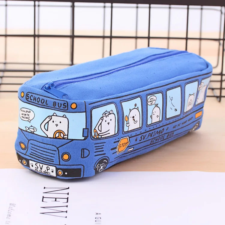 Large Capacity Cartoon Bus Pencil Case - Dark blue