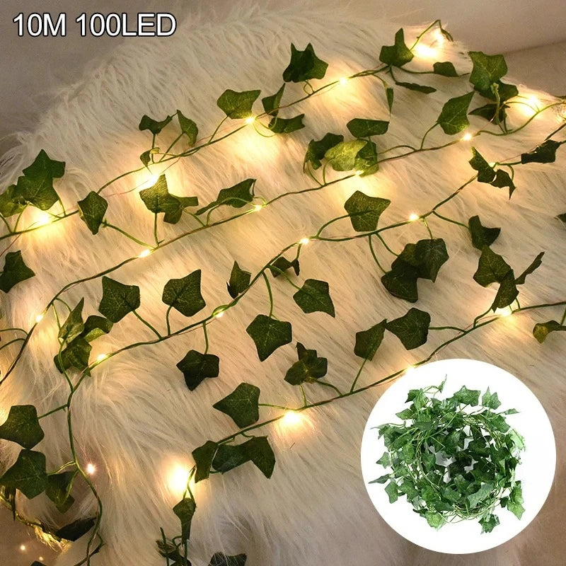 LED Artificial Green Ivy Leaf Vine Fairy String Lights – Hanging Garland Lamp for Room Decor, Garden, Bridal Shower & Parties - 10M 100LED